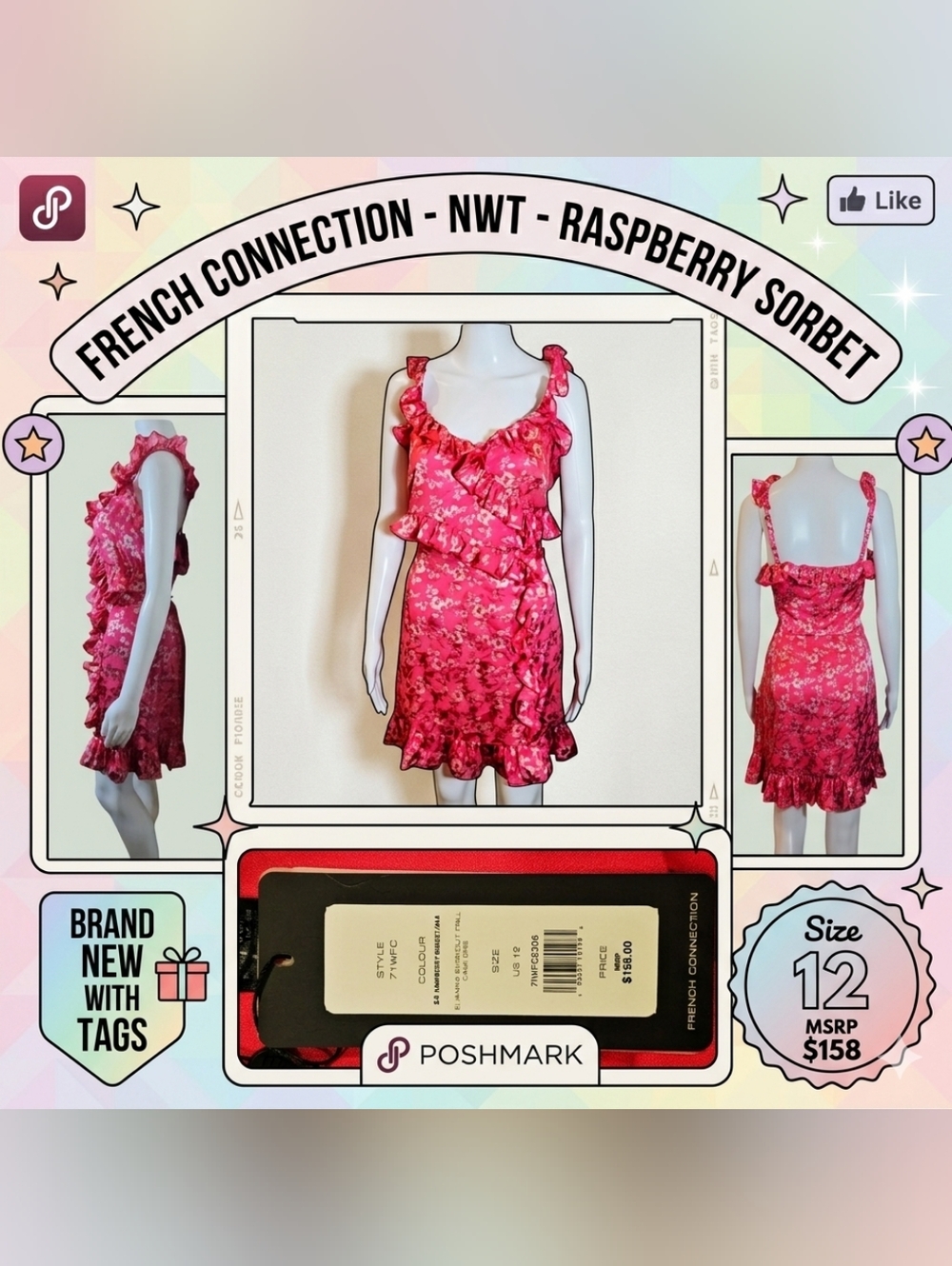 NWT French Connection Elianna Burnout Frill Cami Dress Raspberry Sorbet  Size 12